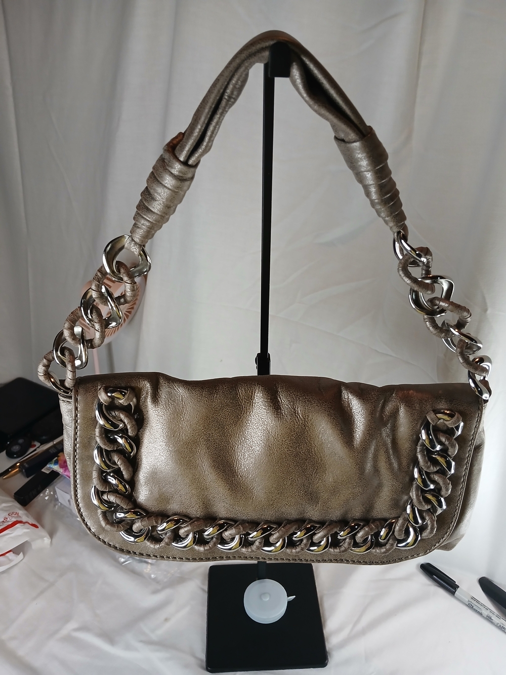 Michael Kors Shoulder/Clutch Bag W/ Chain Accent Metallic Mauve Key Holder